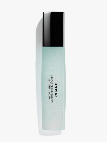 Chanel Hydra Beauty Micro Sérum Lèvres blue vial with black cap on light gray background