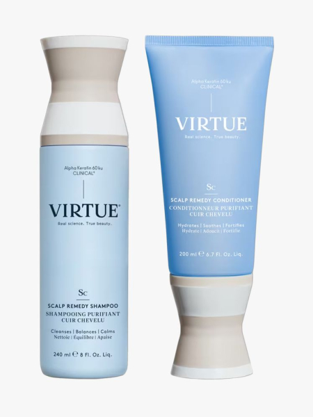 Virtue Scalp Remedy Shampoo and Conditioner in branded components on a light gray background